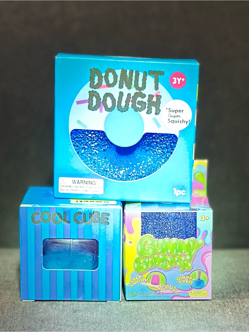 Viral Squishy Bundle 3 - Donut Dough, Cool Cube Squishy, Gummy Gumdrop (Blue)
